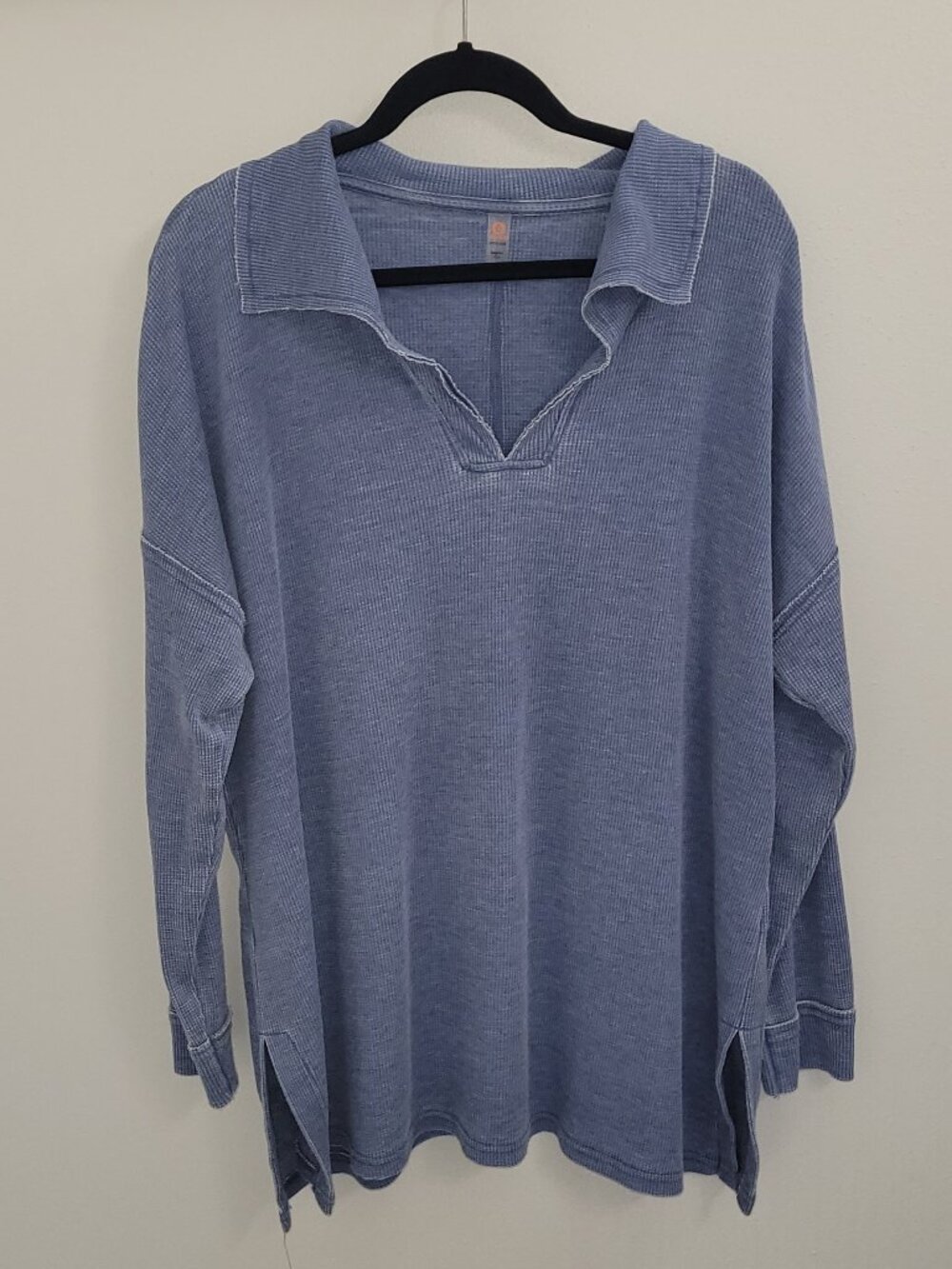 Mono B Blue Waffle Knit Oversized Collared Long Sleeve Top Size Medium